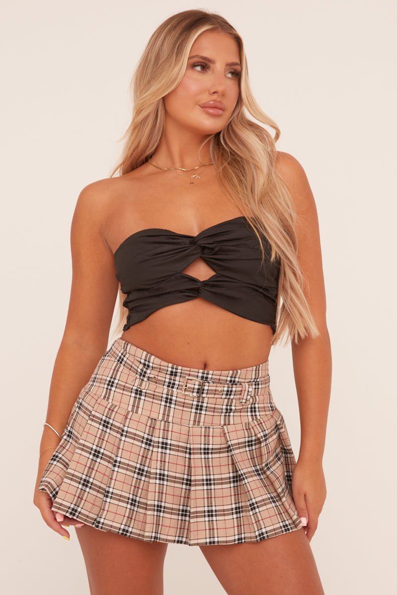 Beige Check Print Belt Detail Pleated Mini Skirt - Esraa