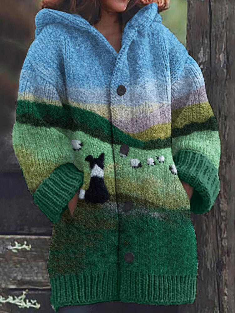 Zwaantje - Cozy Hooded Cardigan with Landscape Print of Sheep