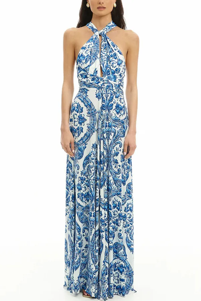 Phoebe-Elegant Crossed Strap Maxi Dress with Greek Motif